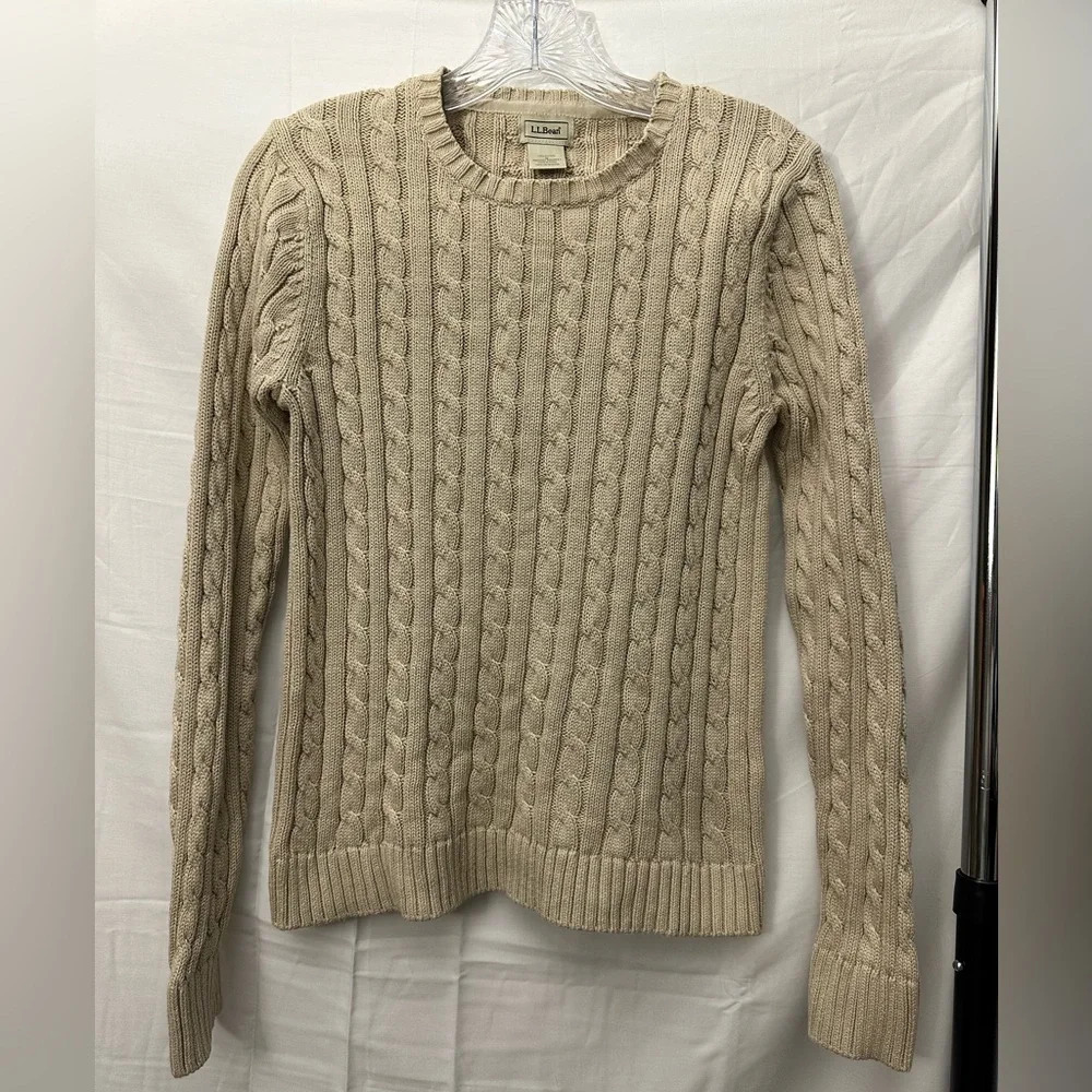 L.L. Bean Cable Knit Crewneck Pullover Tan Size Small